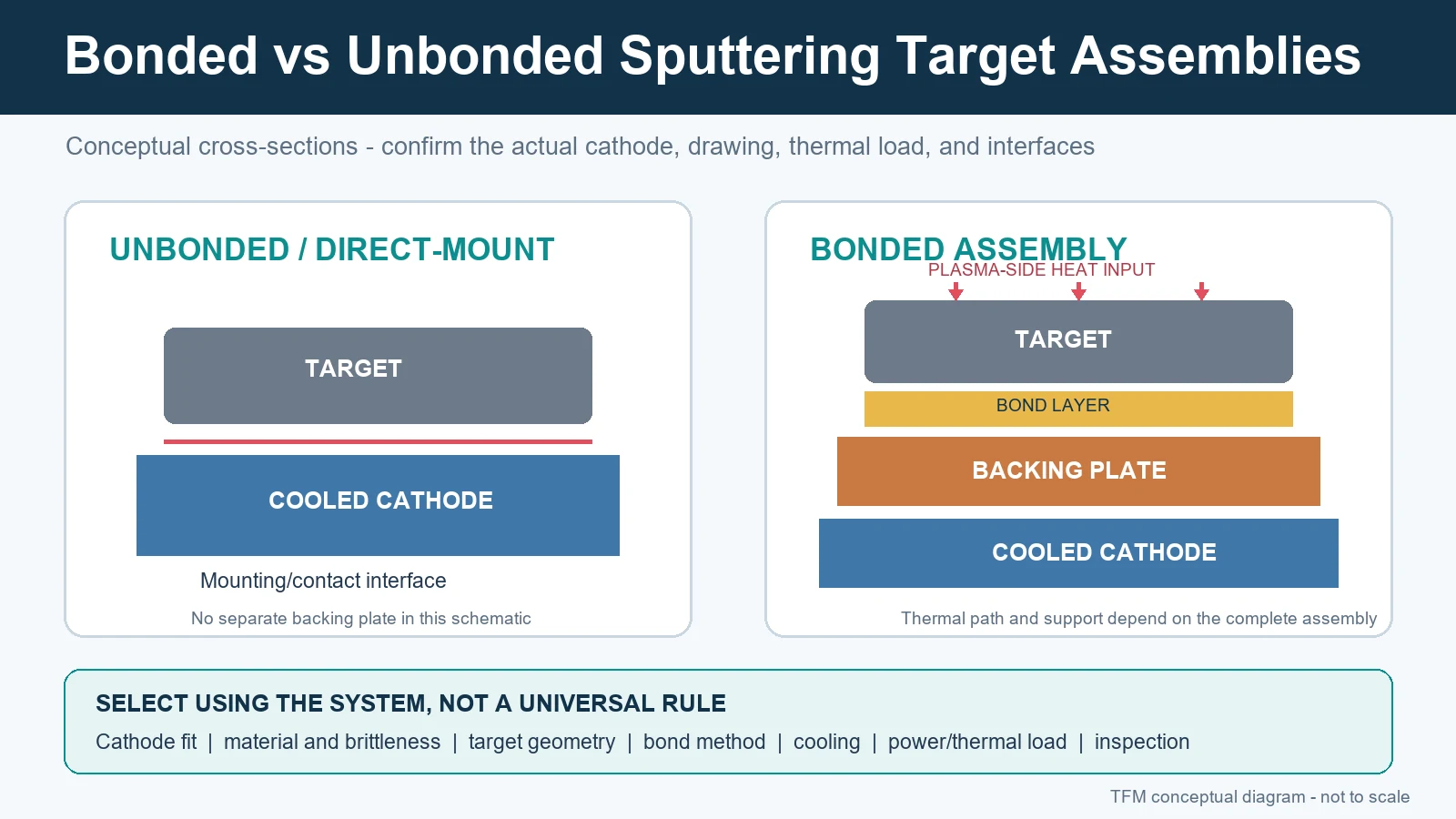 Conceptual cross-sections of bonded and unbonded sputtering target assemblies