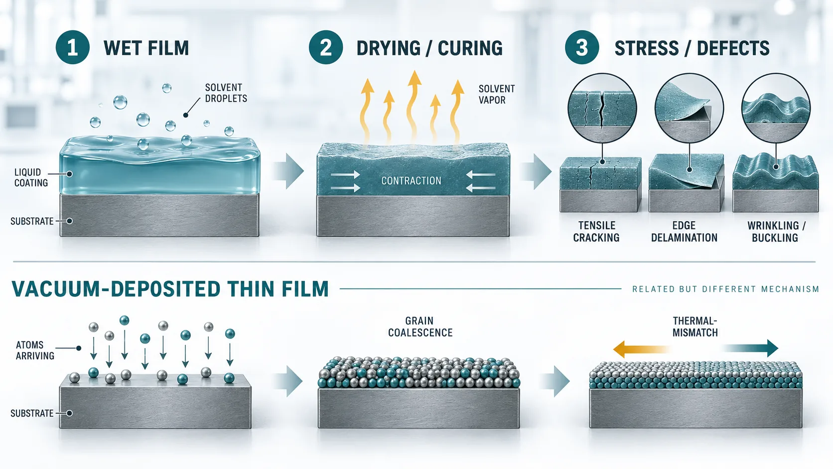 Diagram distinguishing wet coating shrinkage during drying from residual stress in a vacuum-deposited thin film