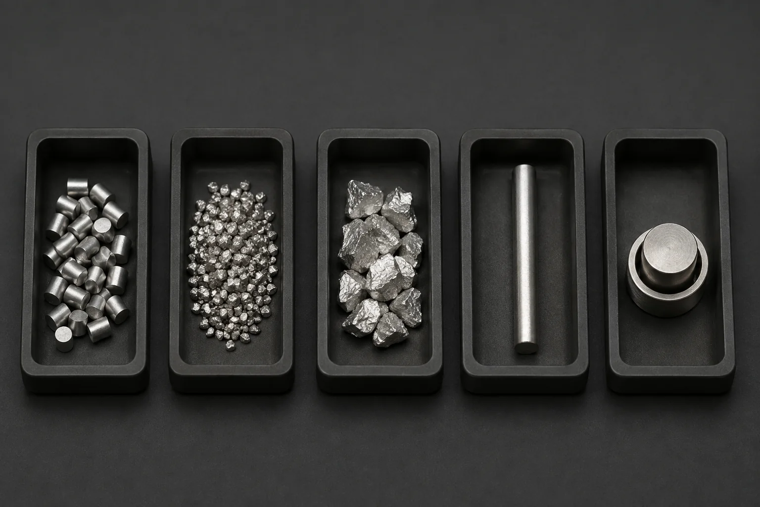 Conceptual comparison of evaporation material pellets, granules, irregular pieces, rod, and starter-source slug
