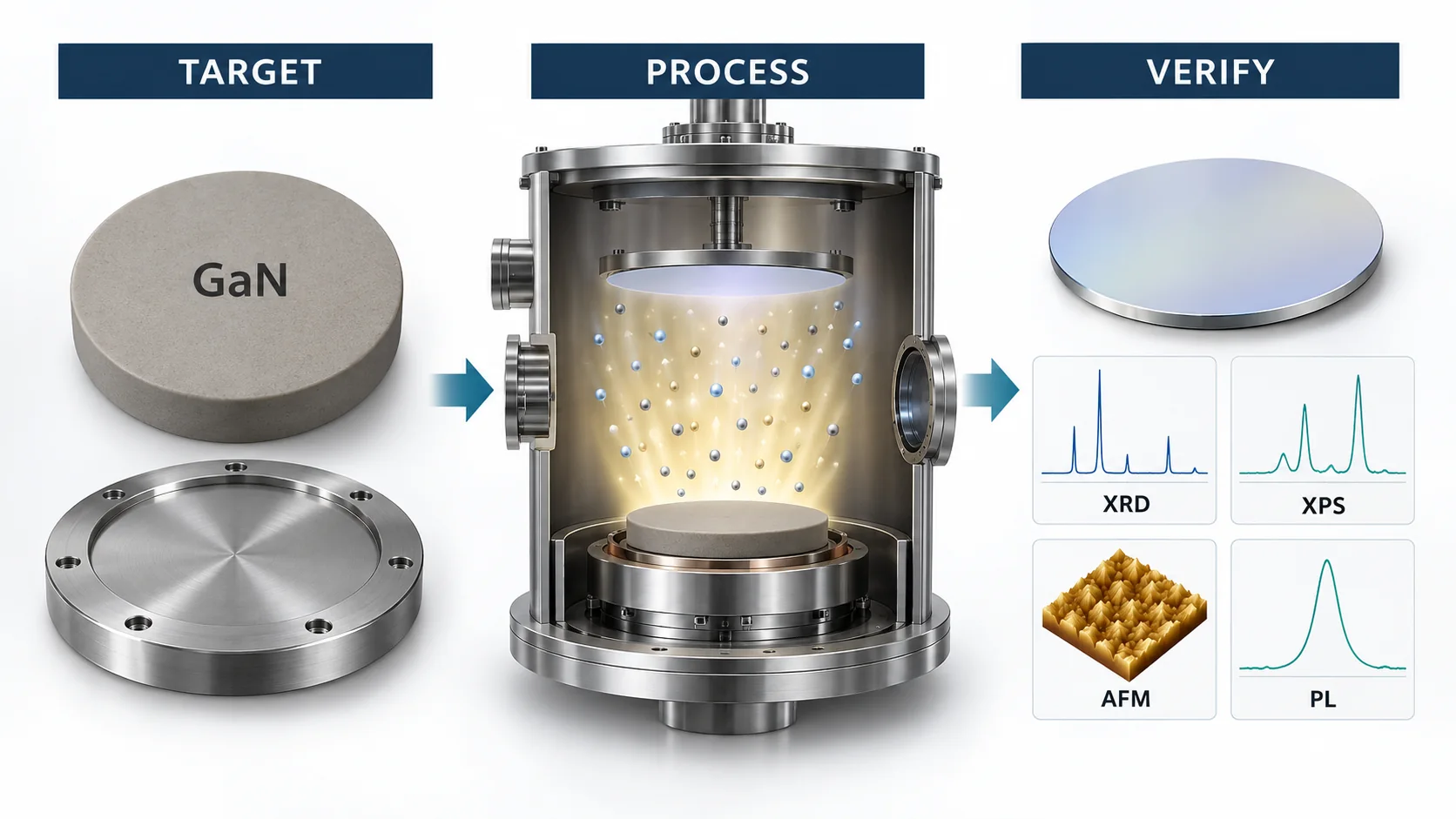 Engineering workflow from a gallium nitride sputtering target through deposition to XRD, XPS, AFM, and photoluminescence verification