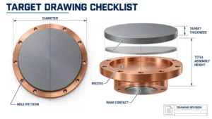Engineering illustration of sputtering target drawing dimensions including diameter, target thickness, total assembly height, recess, hole pattern, rear contact, and drawing revision