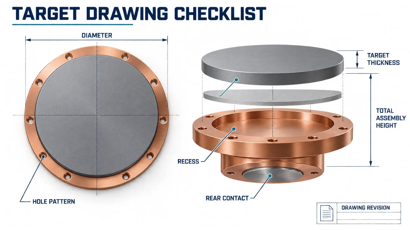 Engineering illustration of sputtering target drawing dimensions including diameter, target thickness, total assembly height, recess, hole pattern, rear contact, and drawing revision