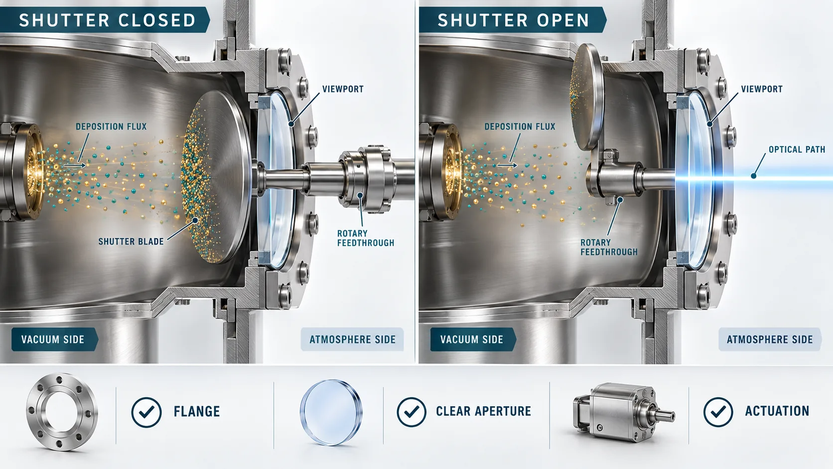 Cutaway diagram of a UHV viewport shutter closed against deposition and open for an optical path