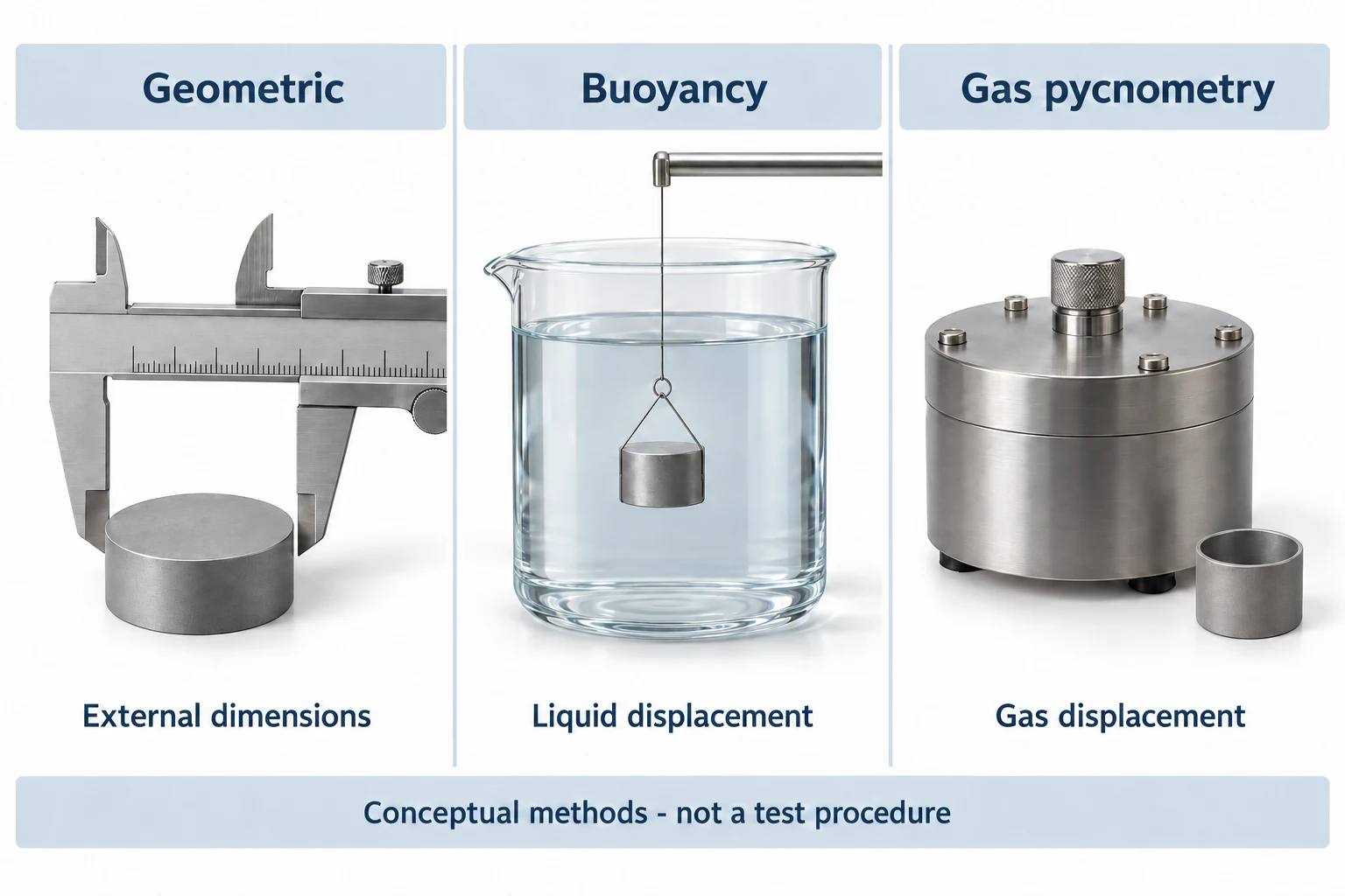 Illustrated comparison of geometric measurement, liquid buoyancy and gas pycnometry