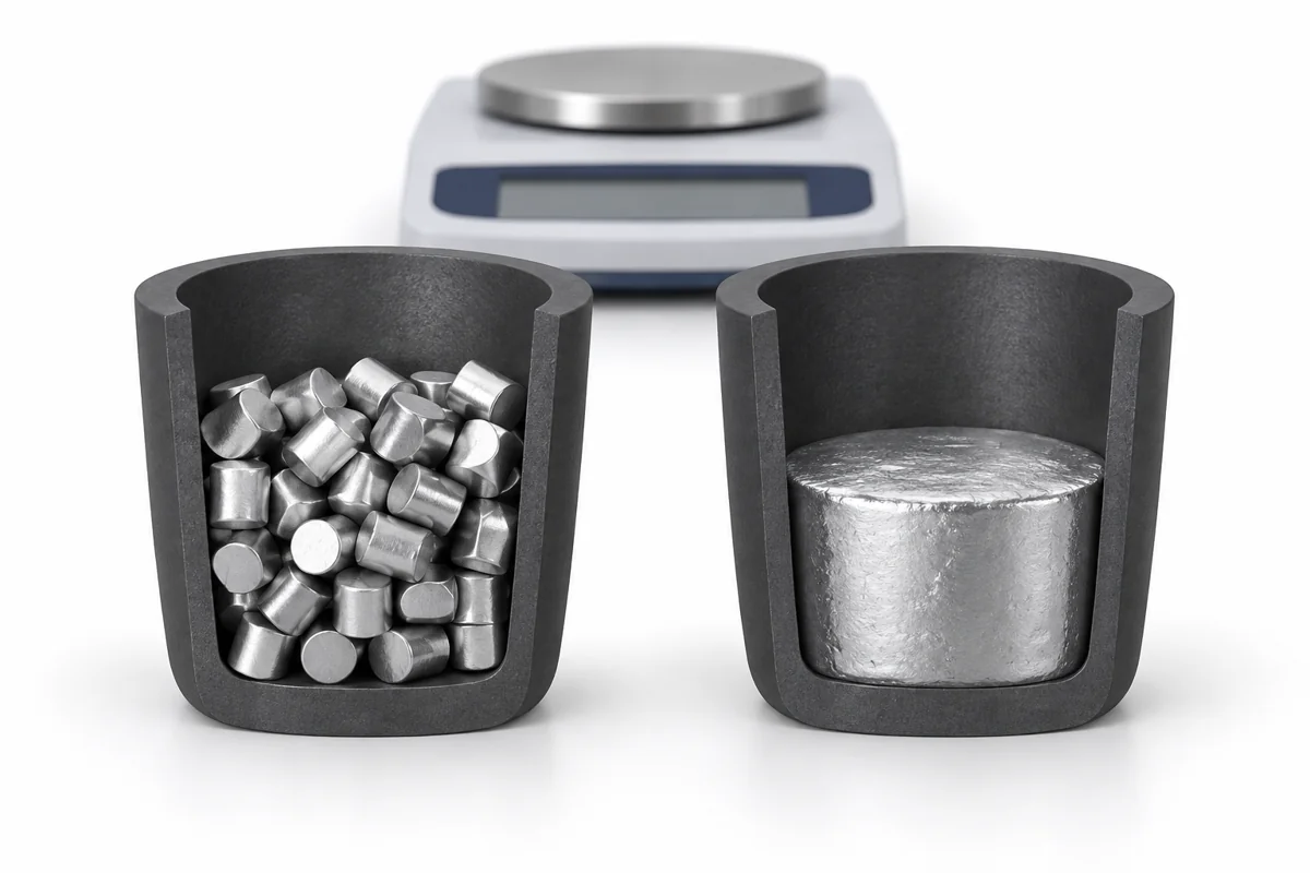 Conceptual cutaway comparison of loose evaporation pellets with gaps and a consolidated charge in identical crucibles