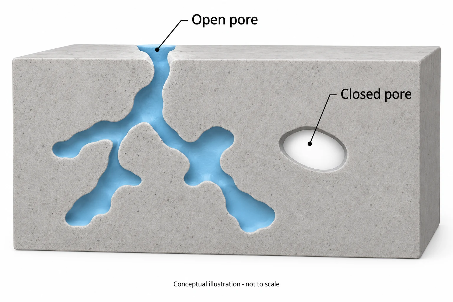 Conceptual cutaway showing a surface-connected open pore and an isolated closed pore in a solid