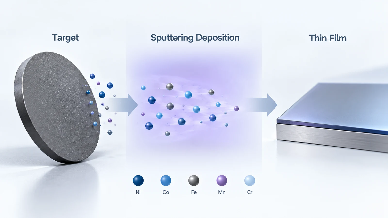 Conceptual sputtering pathway with selected transition metal species and a deposited film