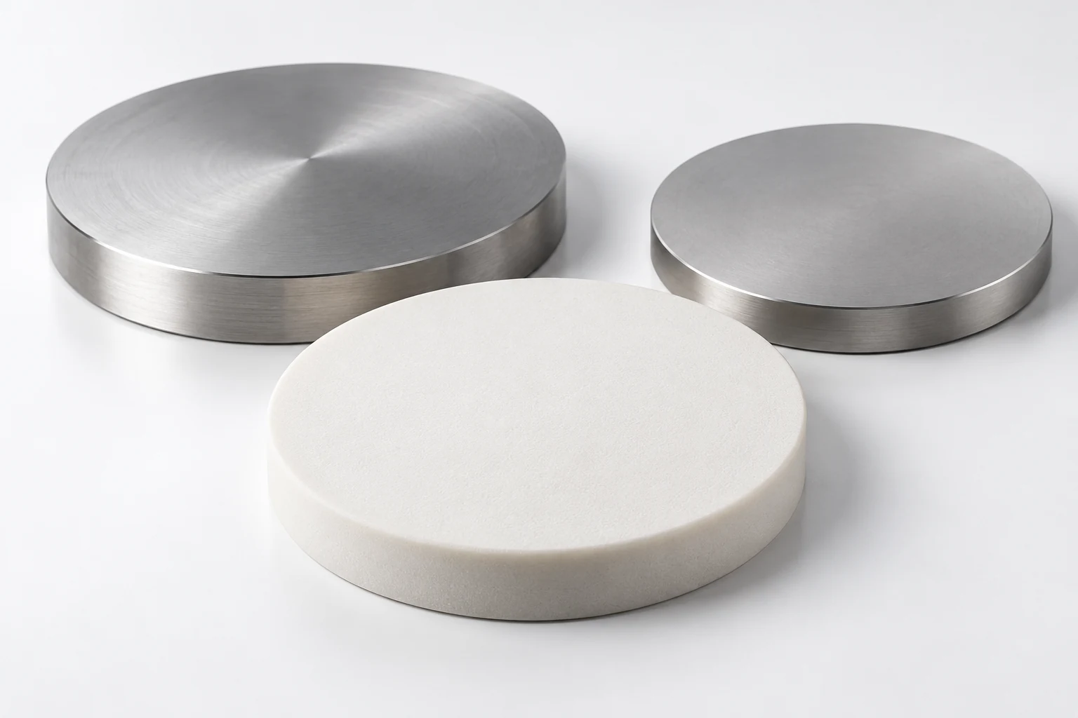 Concept render of two metal sputtering target discs and one ceramic disc on a white surface